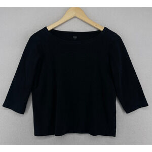 EILEEN FISHER Top M Cotton Interlock Jersey Boat Neck 3/4 Sleeve Basic Black